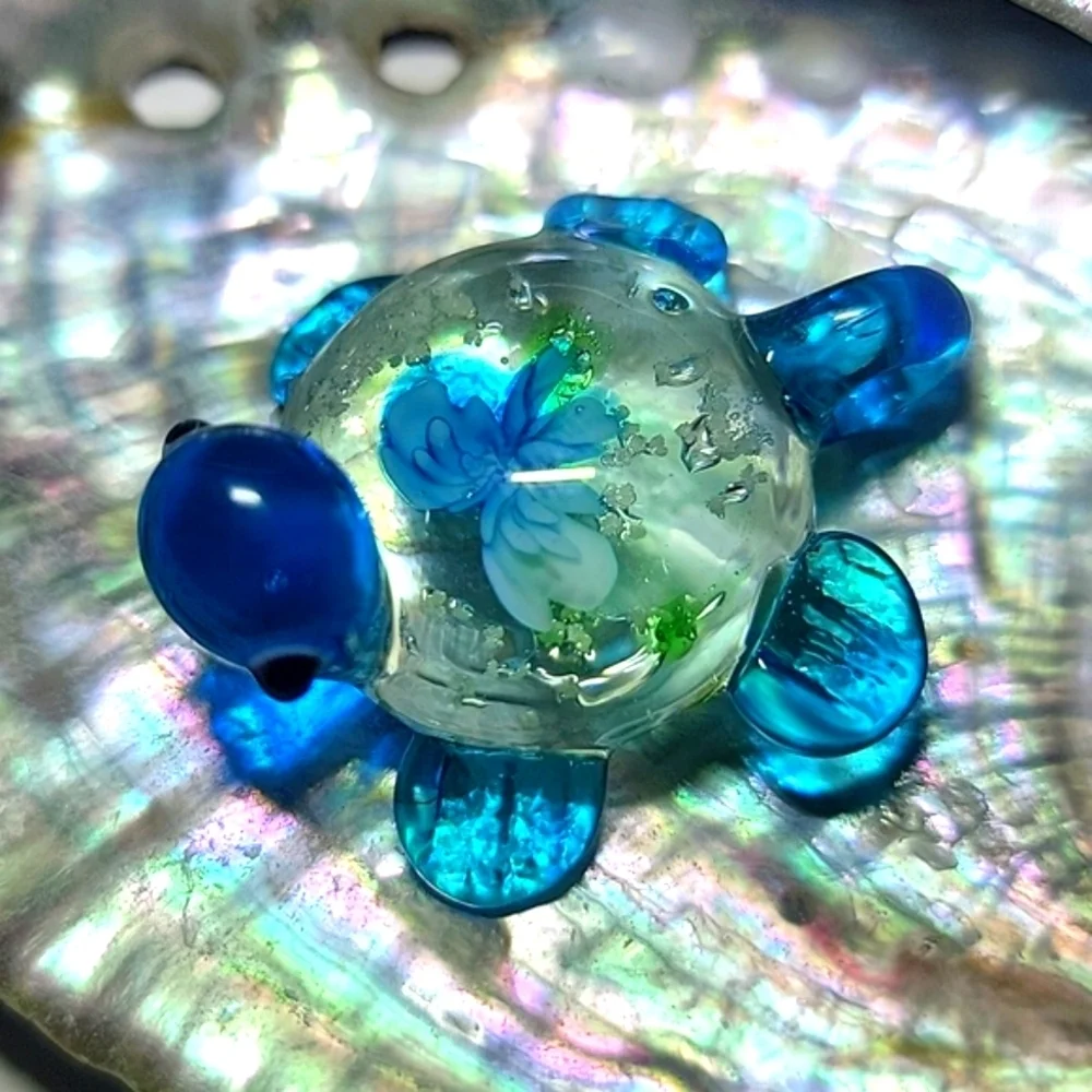 NEW Handcrafted Blown Art Glass Turtle Charm Pendant Floral with Luminous Specks